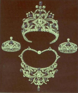 Werktekening van de juwelier met tiara, collier en armbanden uit de set