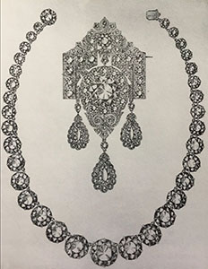Tekening van Josephus Jitta van de corsage en het collier uit Emma's Nationale Huwelijksgeschenk